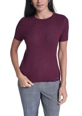 Calvin Klein Women's Short Sleeve Crew Neck Textured Sweater, Large
