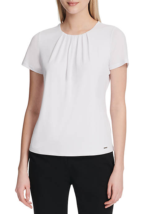 Calvin Klein Short Sleeve Pleat Neck Top | belk