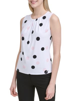 calvin klein sleeveless polka dot pleat neck tan