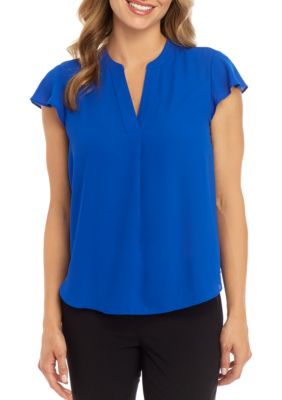 Calvin Klein Solid Cap Sleeve Split Neck Woven Top | belk