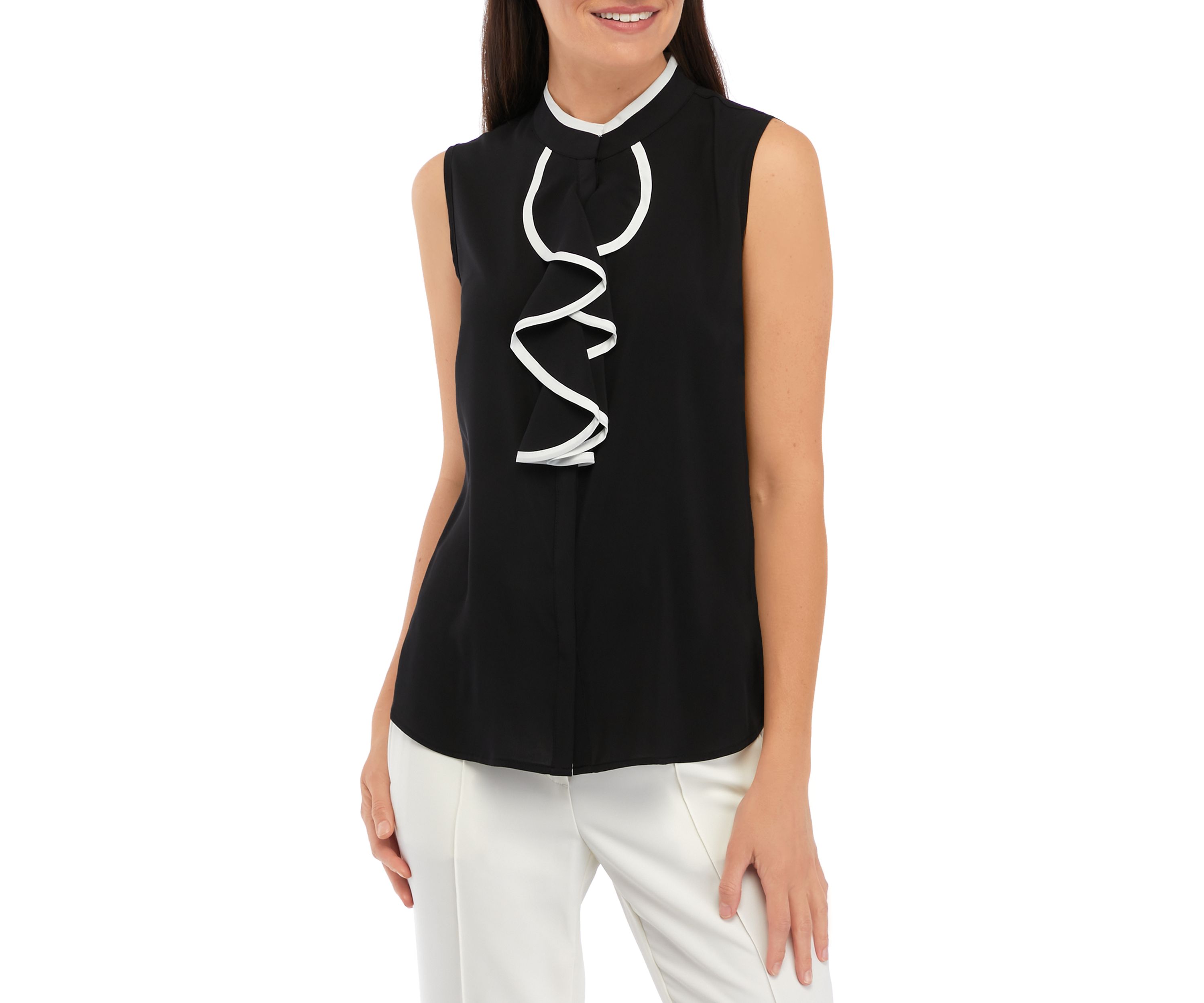 Womens Sleeveless Ruffle Front Blouse