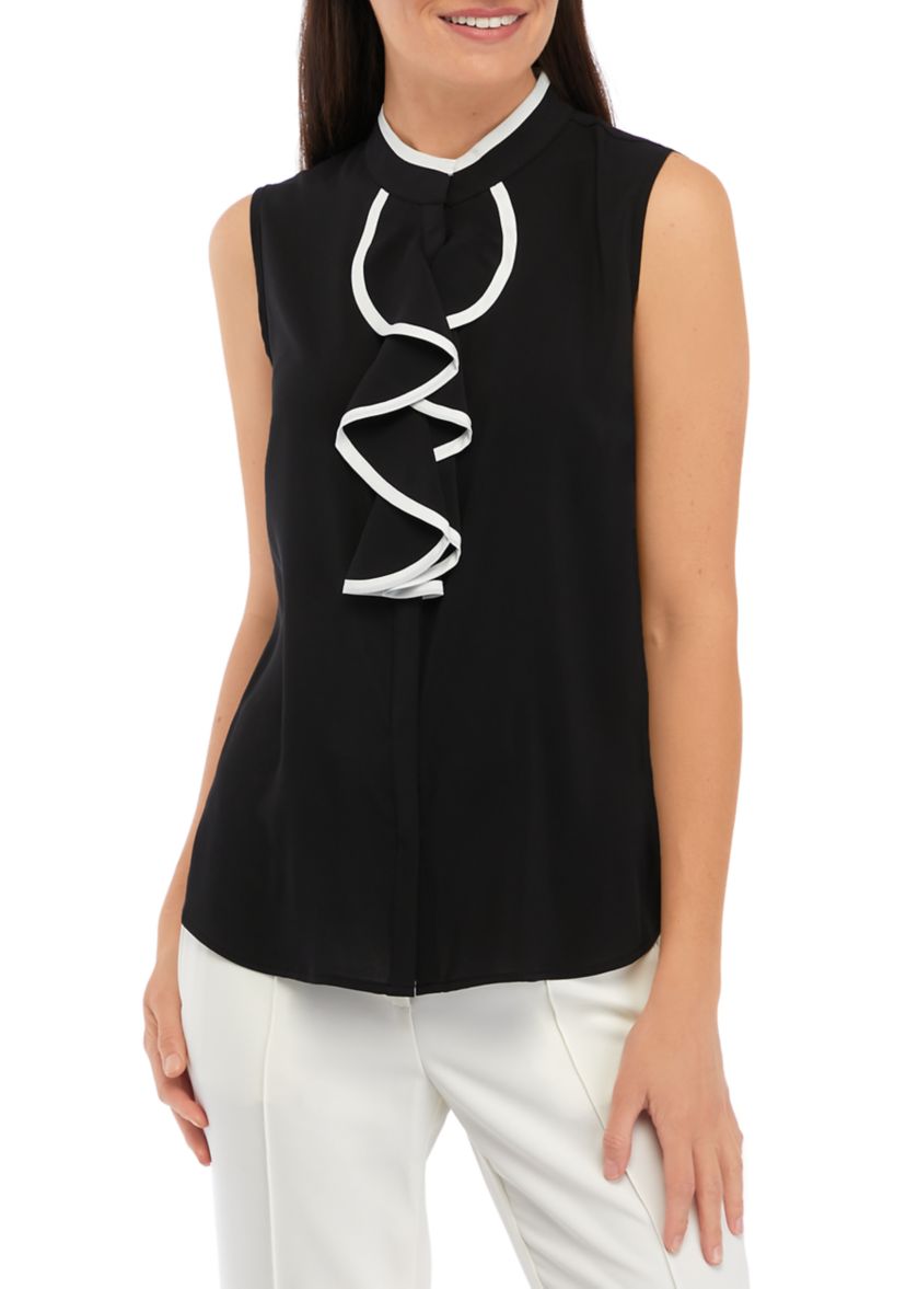 Womens Sleeveless Ruffle Front Blouse