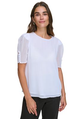 Calvin Klein Women's Short Sleeve Blouse, White, Small