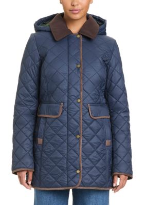 JONES NEW YORK Women's Mid Length Quilted Jacket with Hood, Navy Blue, Large