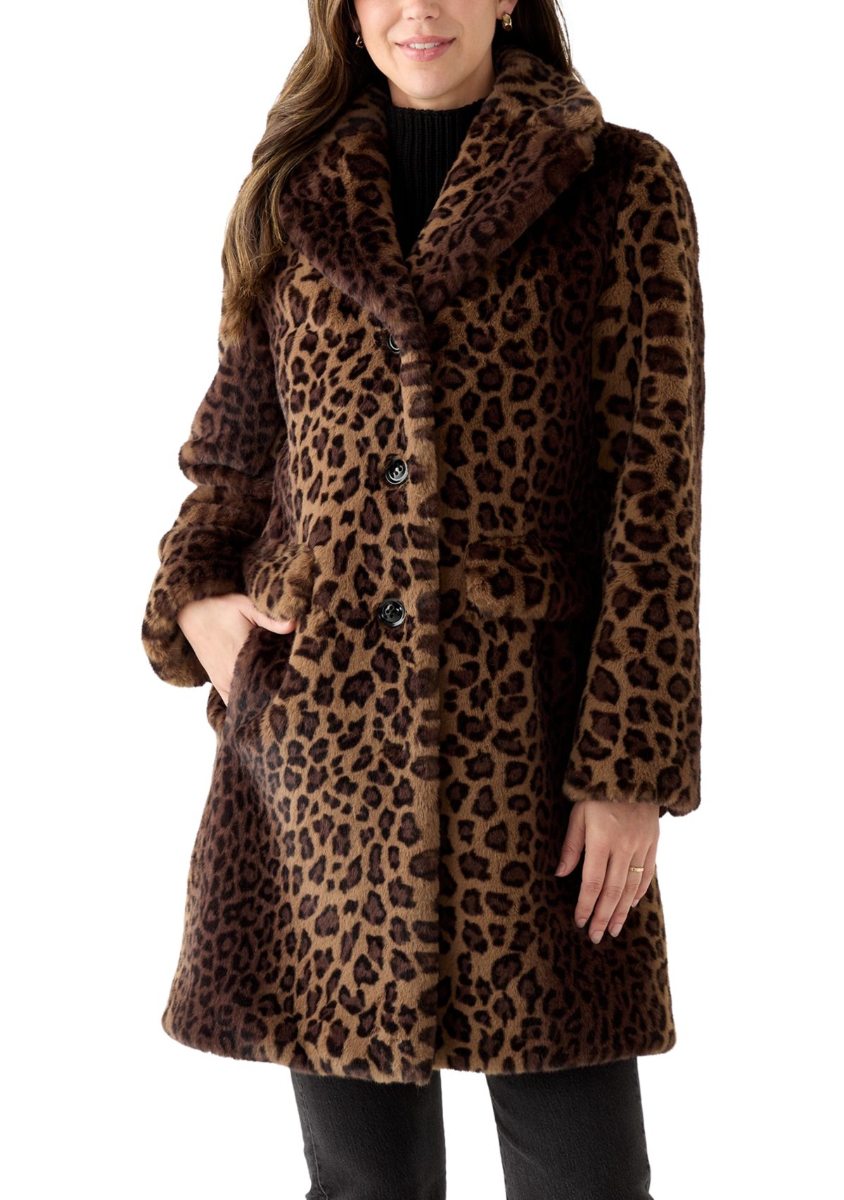 Womens Spotted Leopard Print Faux Fur Coat