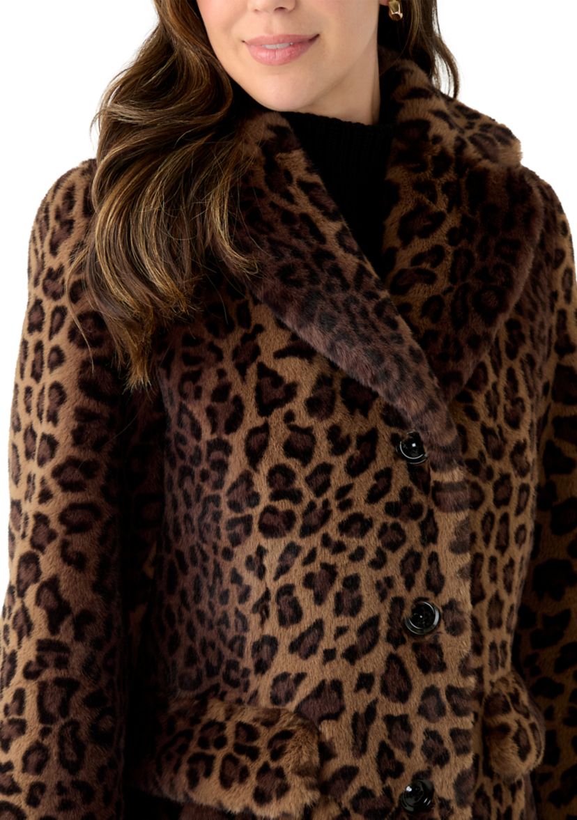 Womens Spotted Leopard Print Faux Fur Coat