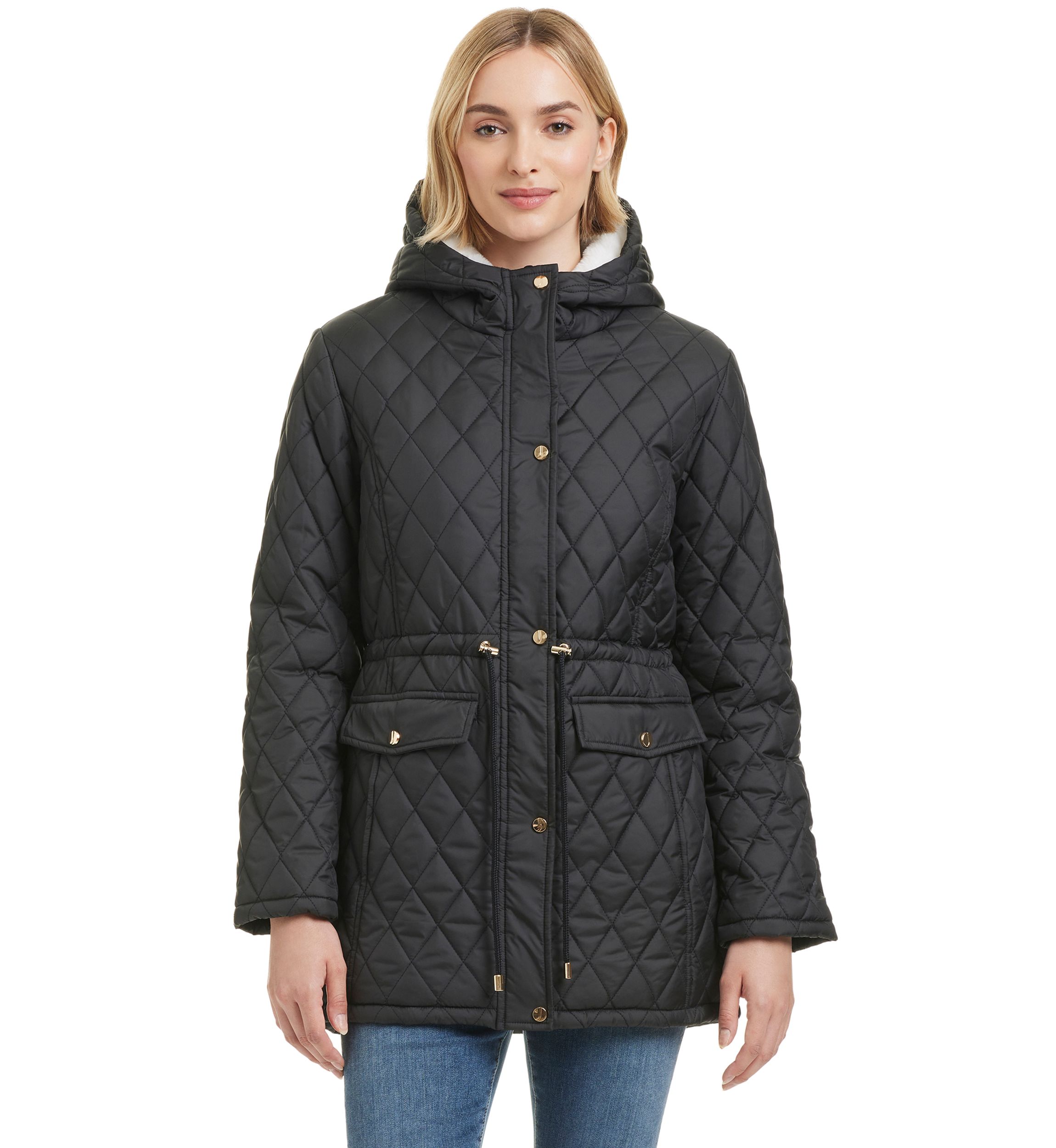 Womens Quilted Hooded Puffer Jacket with Sherpa 