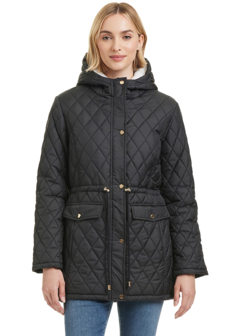 Womens Quilted Hooded Puffer Jacket with Sherpa 