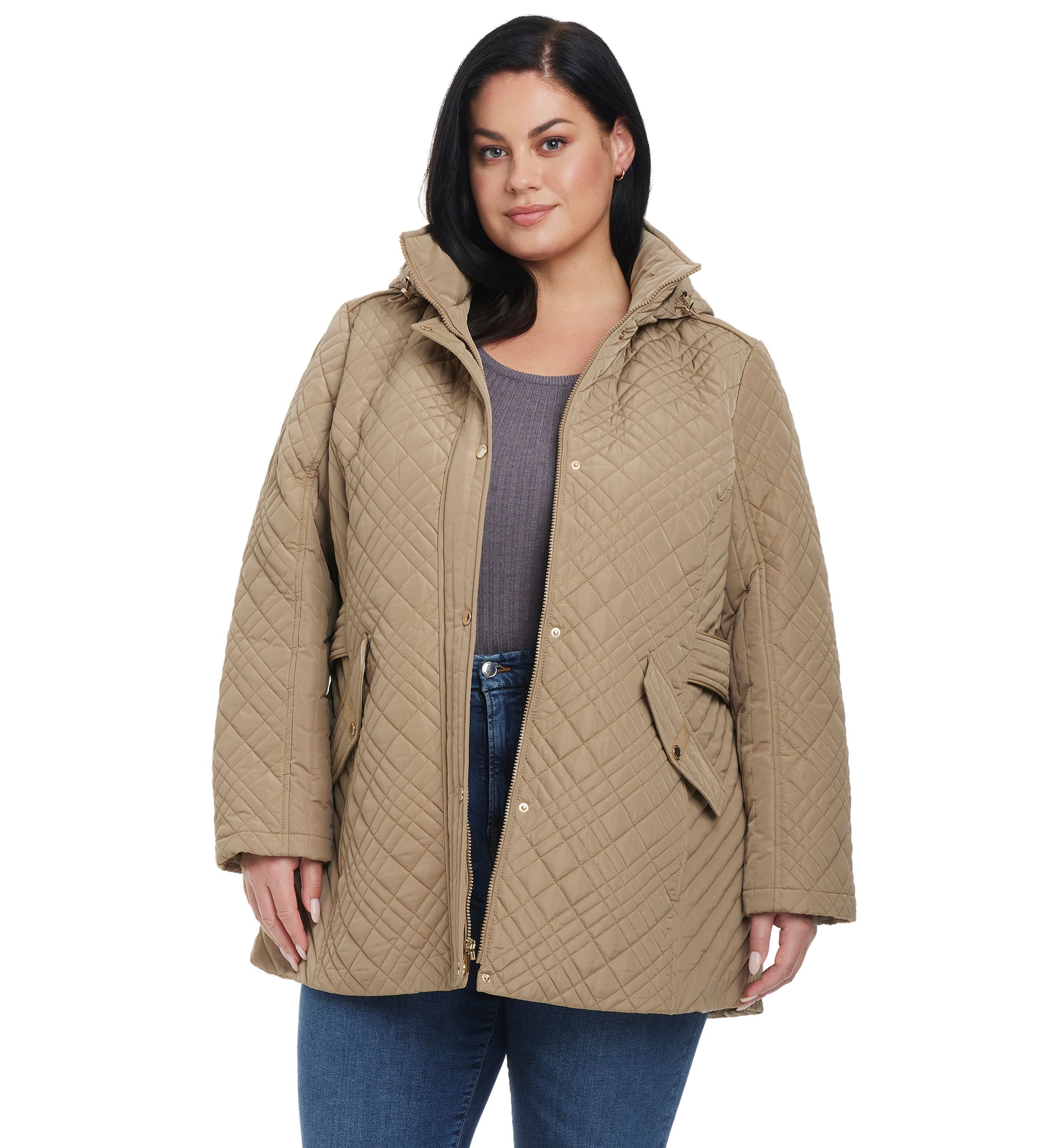 Plus Size Quilted Jacket with Removable Hood