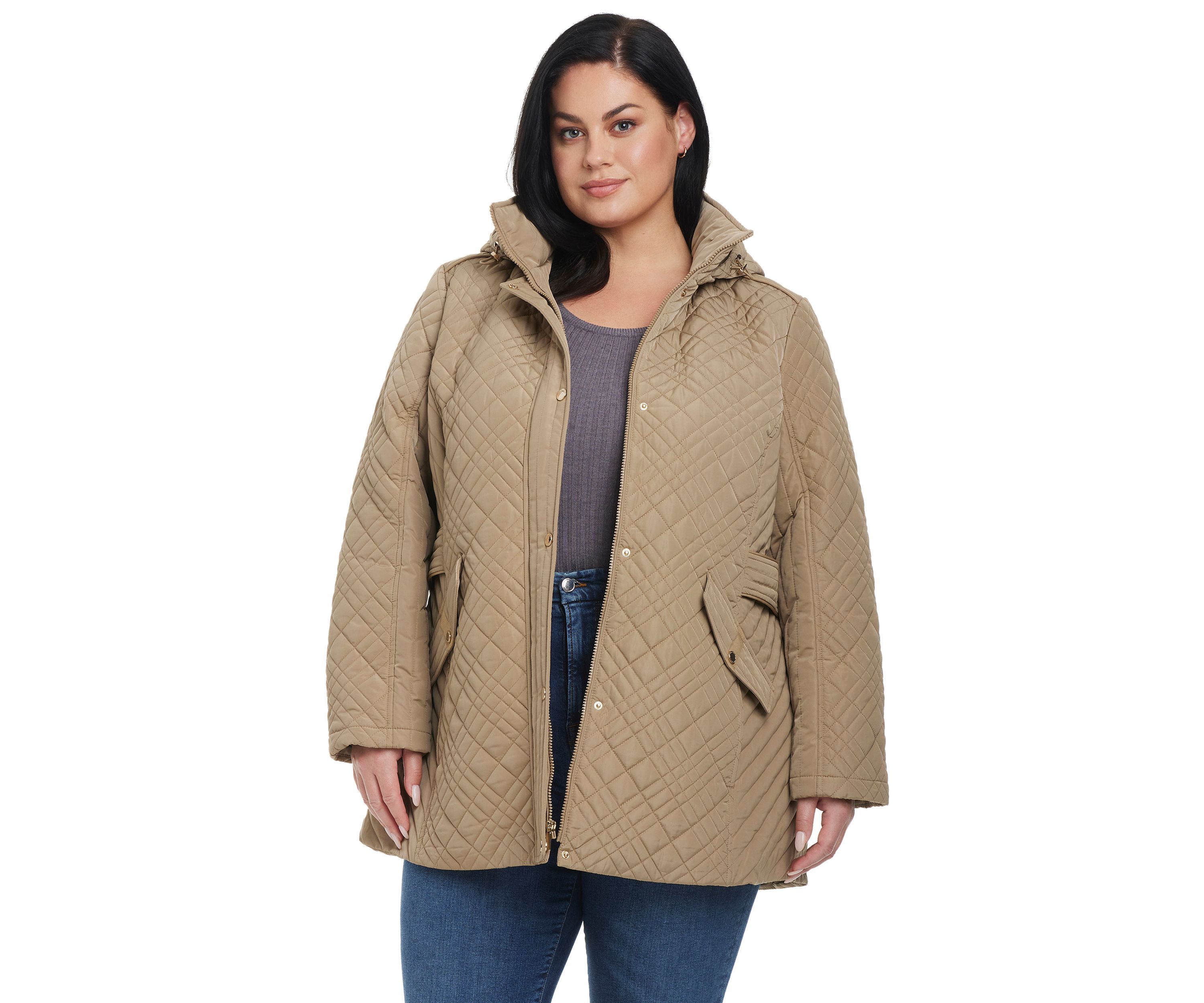Plus Size Quilted Jacket with Removable Hood