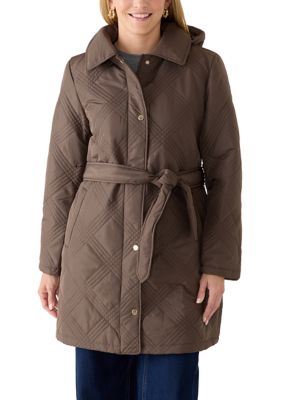 JONES NEW YORK Women's Quilted Tie Waist Coat with Hood, Brown, 2XL
