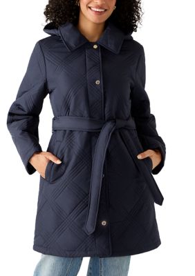 JONES NEW YORK Women's Quilted Tie Waist Coat with Hood, Navy Blue, Large