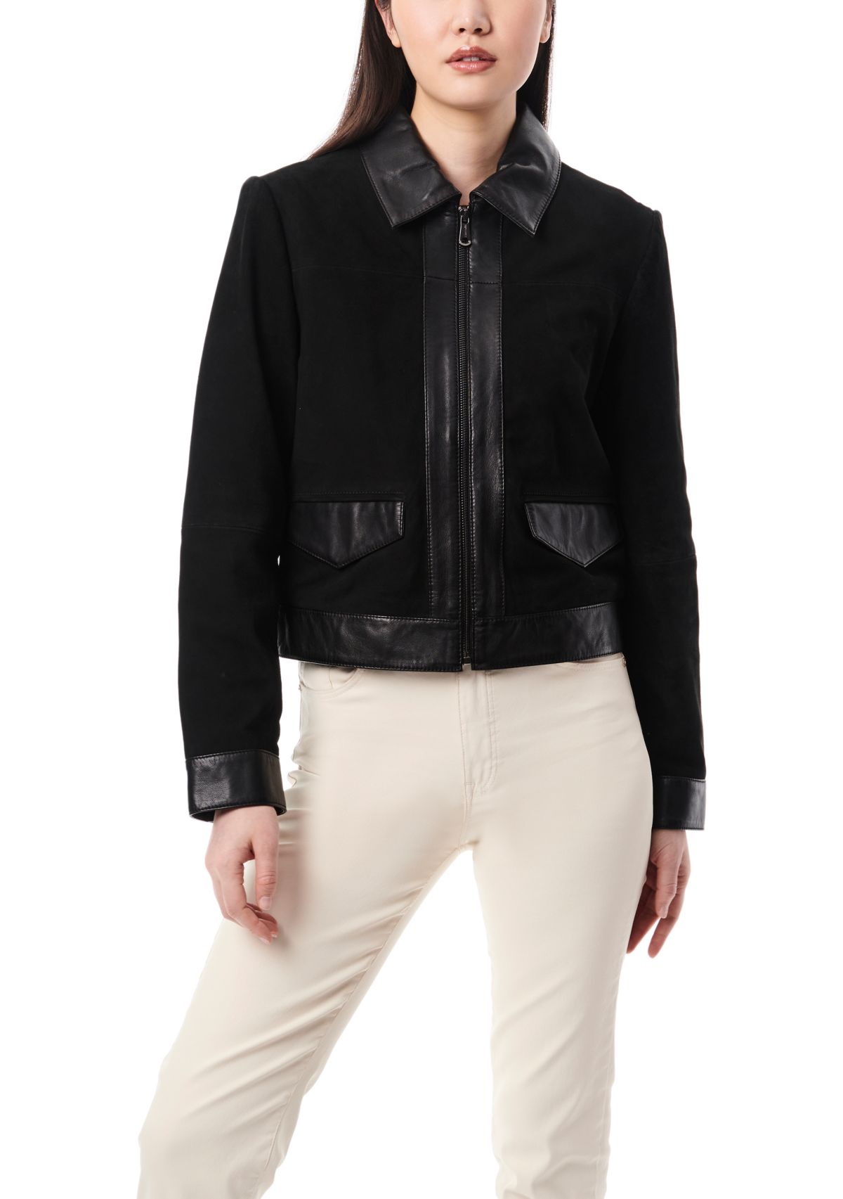 Womens Leather Suede Combo Trucker Jacket