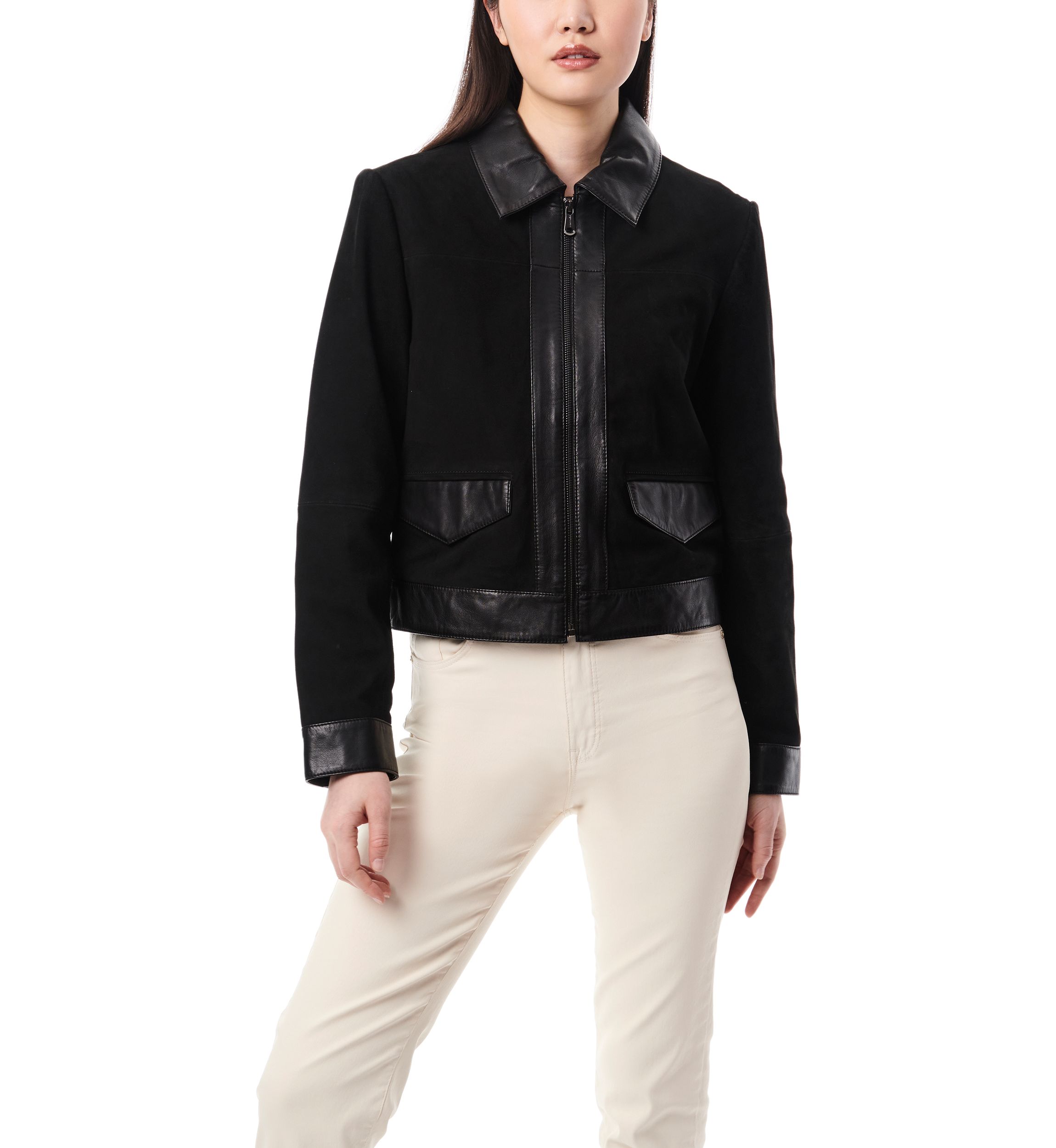 Womens Leather Suede Combo Trucker Jacket