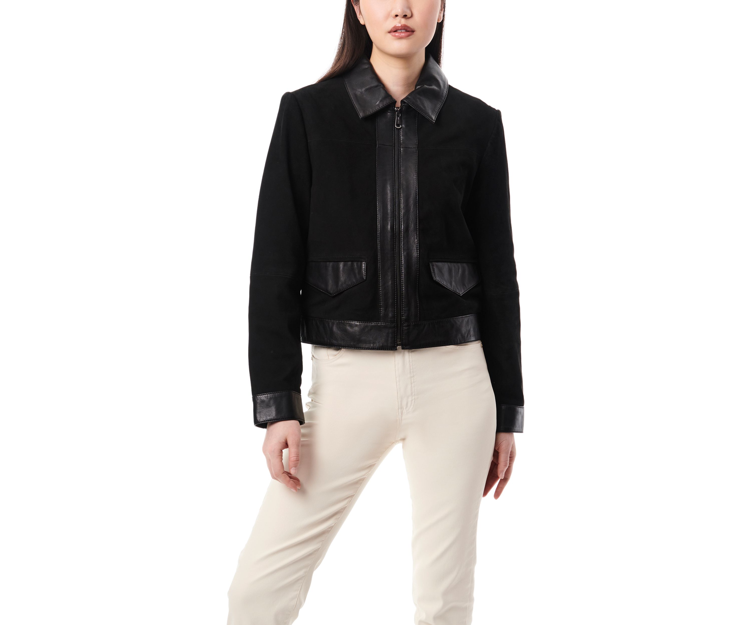 Womens Leather Suede Combo Trucker Jacket