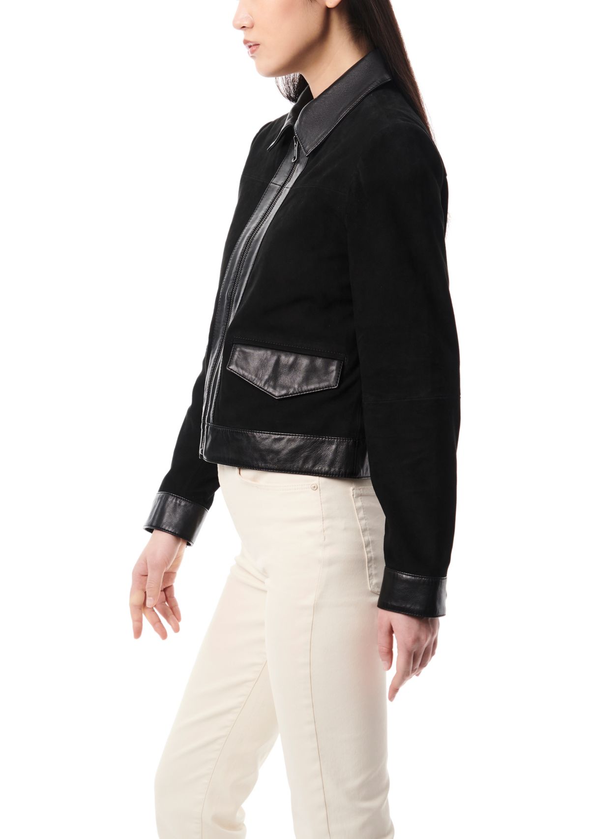 Womens Leather Suede Combo Trucker Jacket