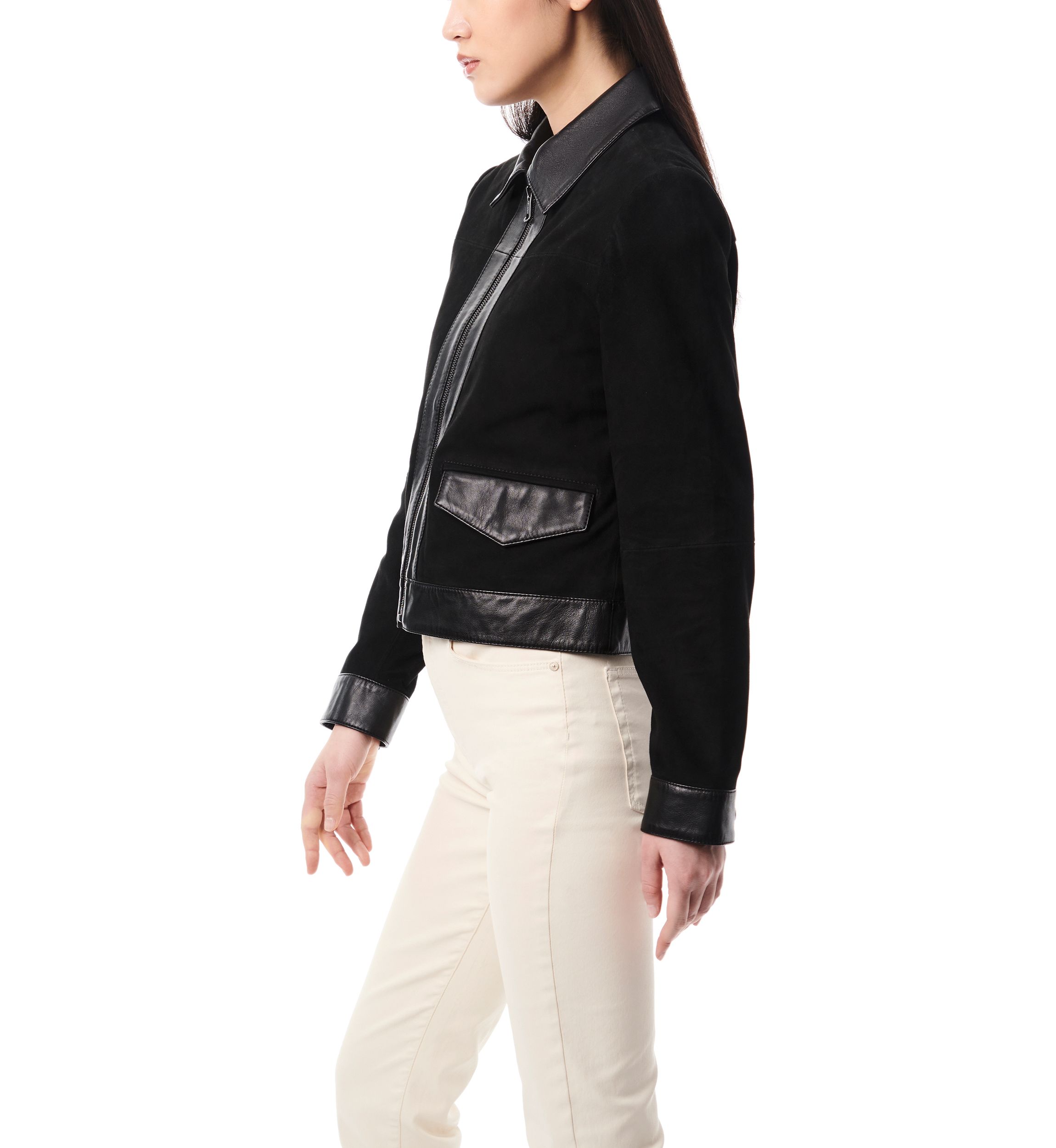 Womens Leather Suede Combo Trucker Jacket