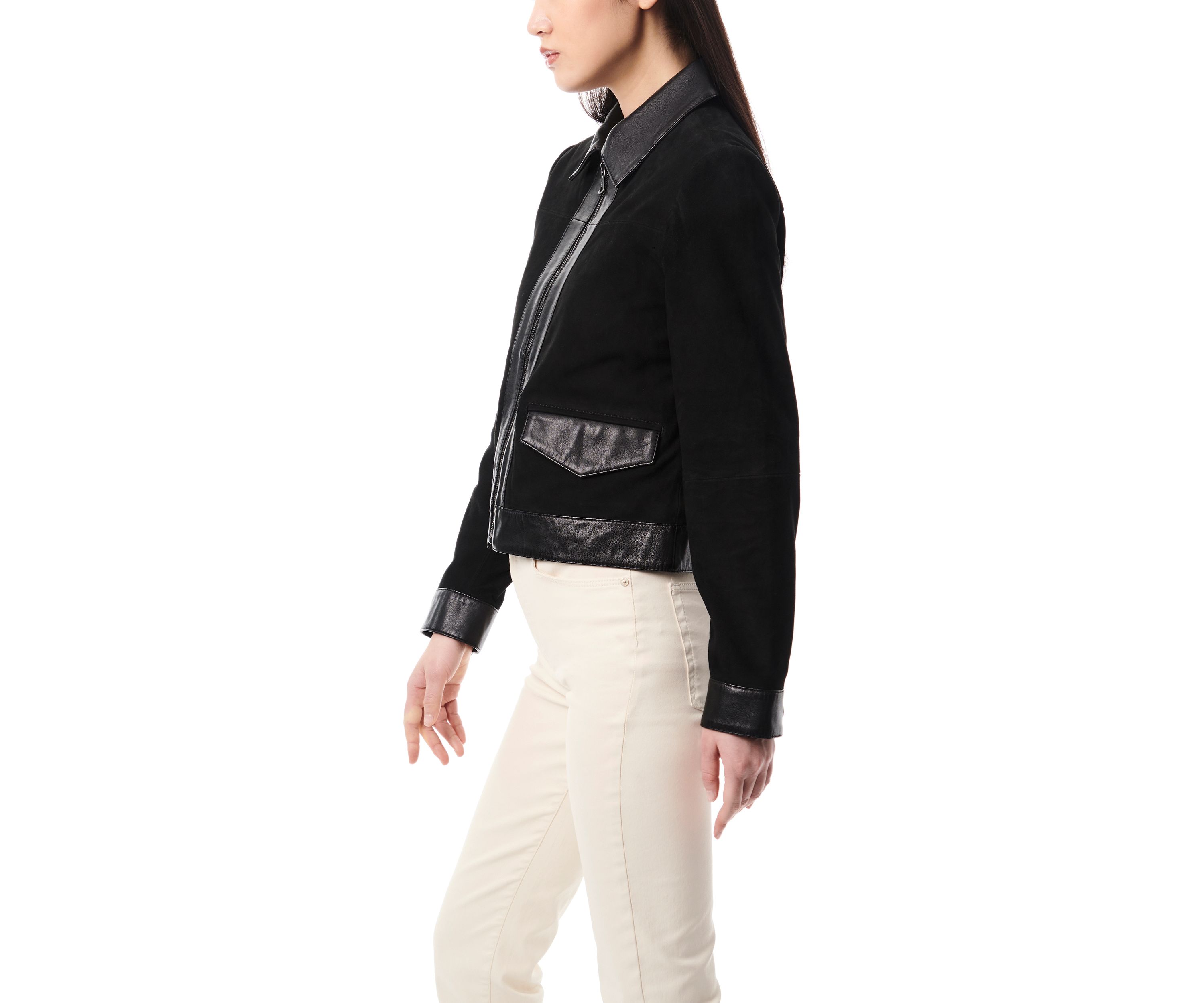Womens Leather Suede Combo Trucker Jacket