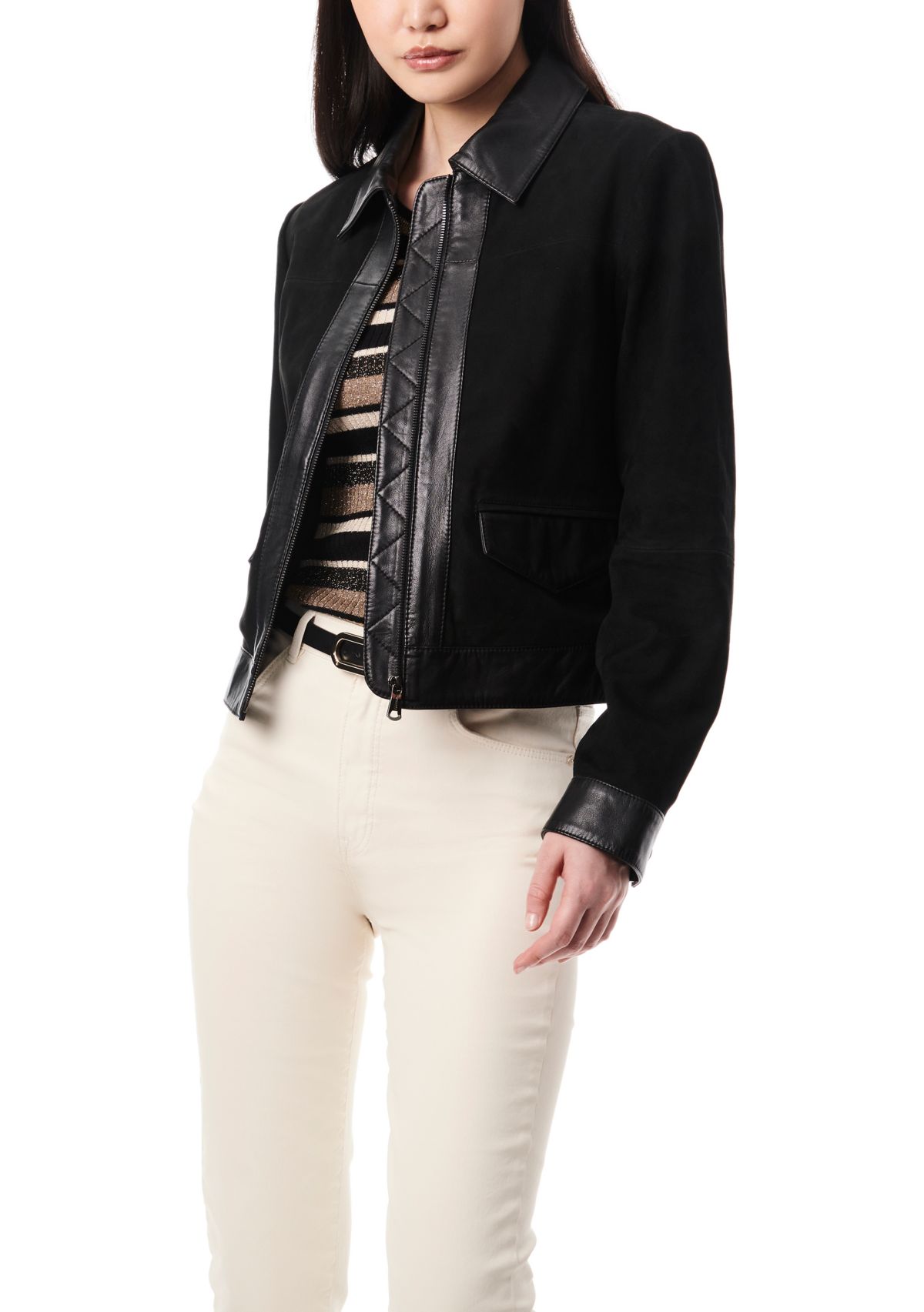 Womens Leather Suede Combo Trucker Jacket