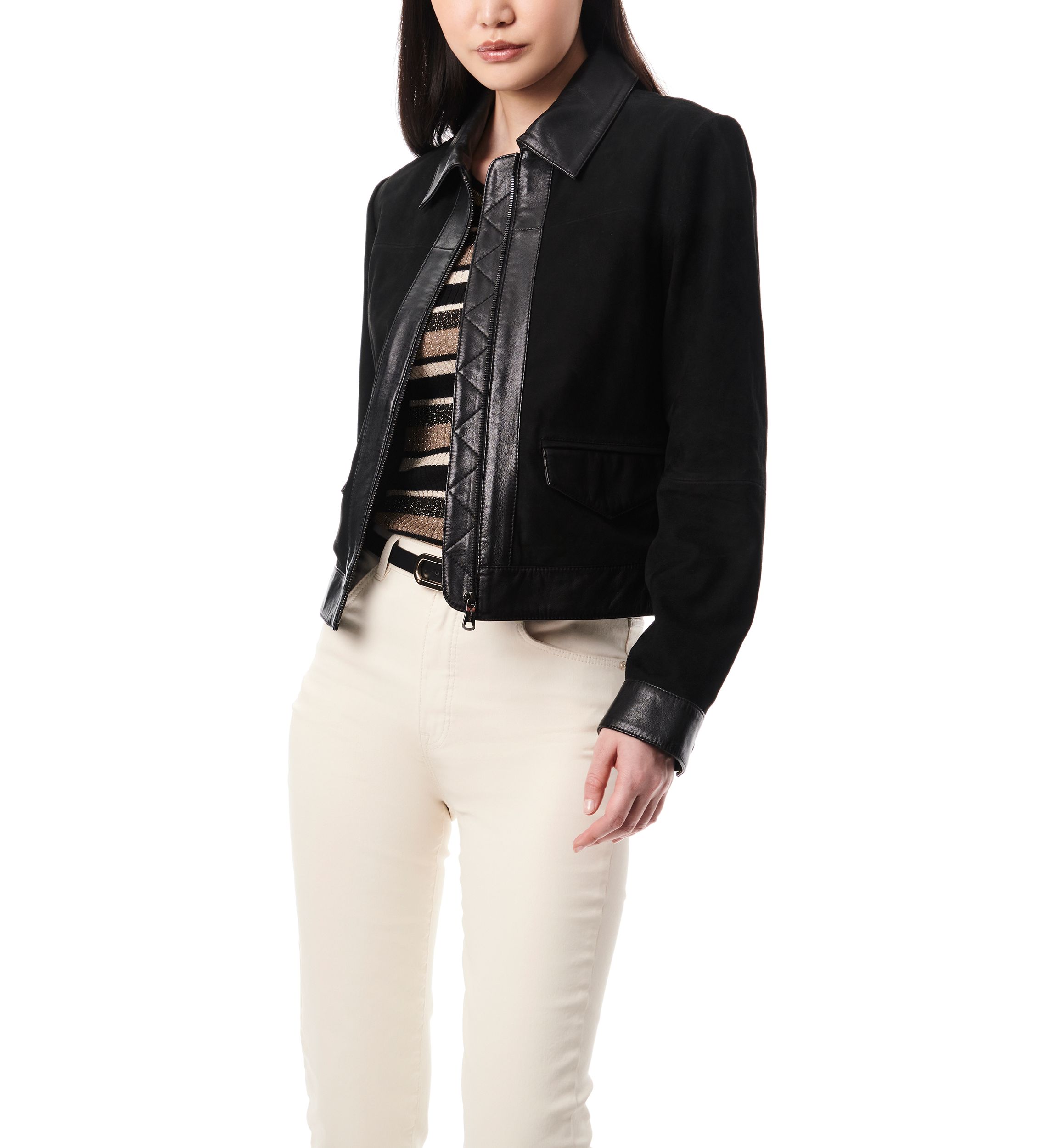 Womens Leather Suede Combo Trucker Jacket