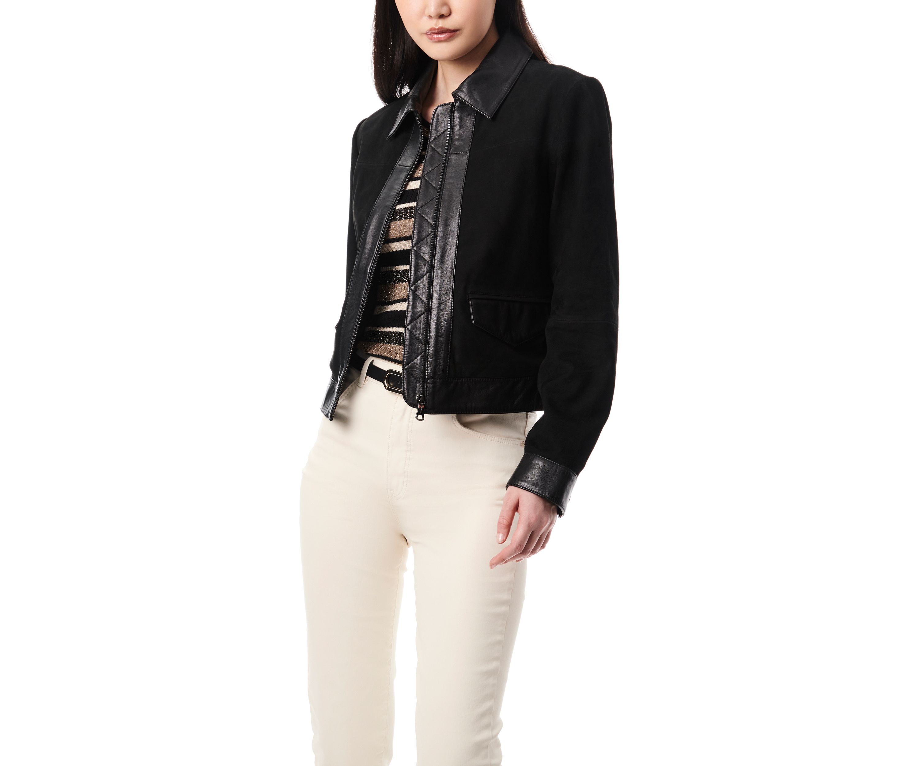 Womens Leather Suede Combo Trucker Jacket