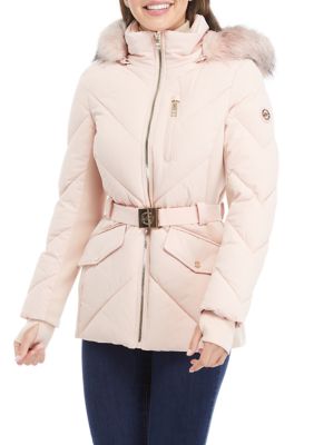 MICHAEL Michael Kors Women's Chevron Belted Puffer Jacket with Faux Fur Hood  | belk