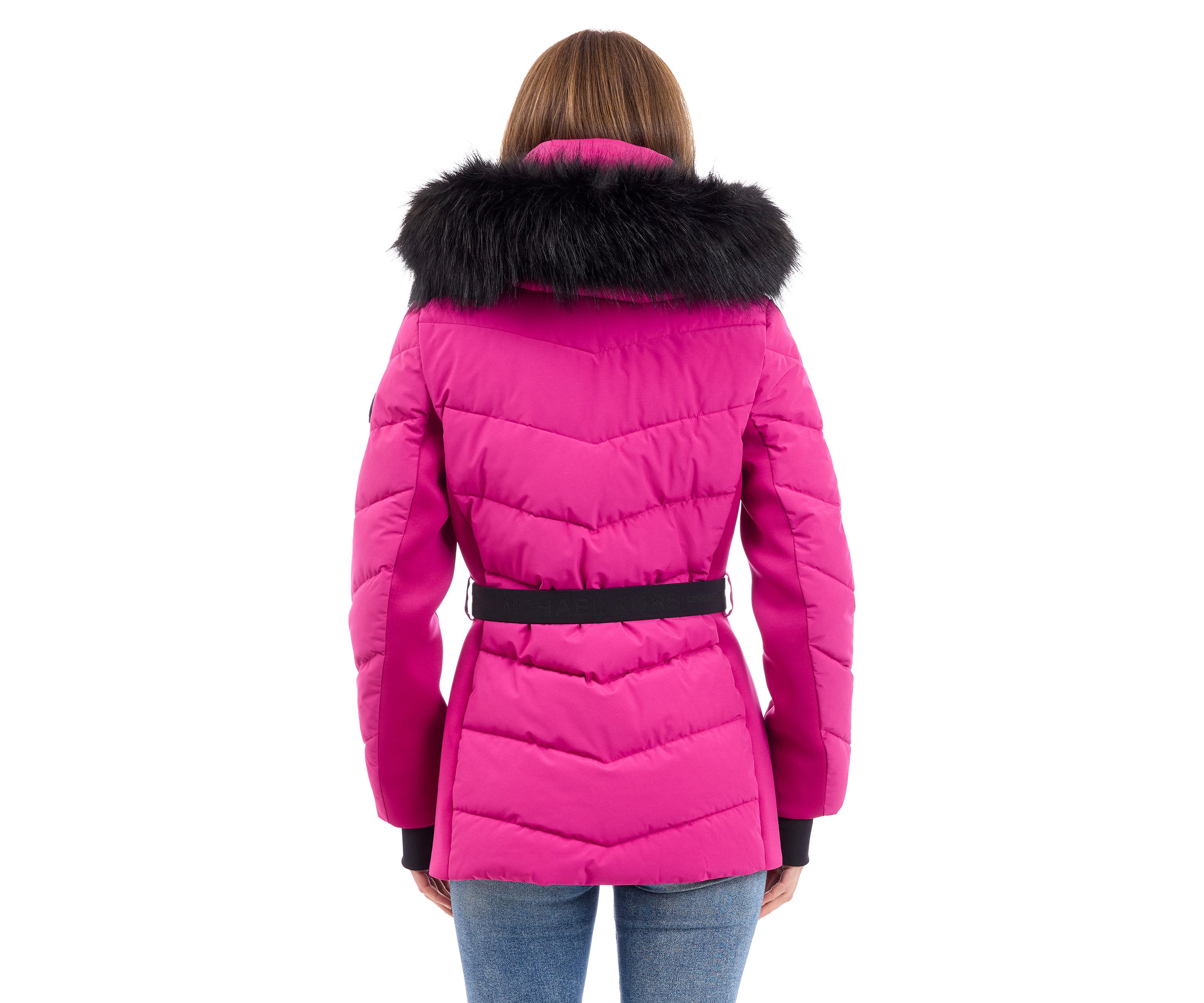 Womens Belted Puffer Coat with Faux Fur Hood