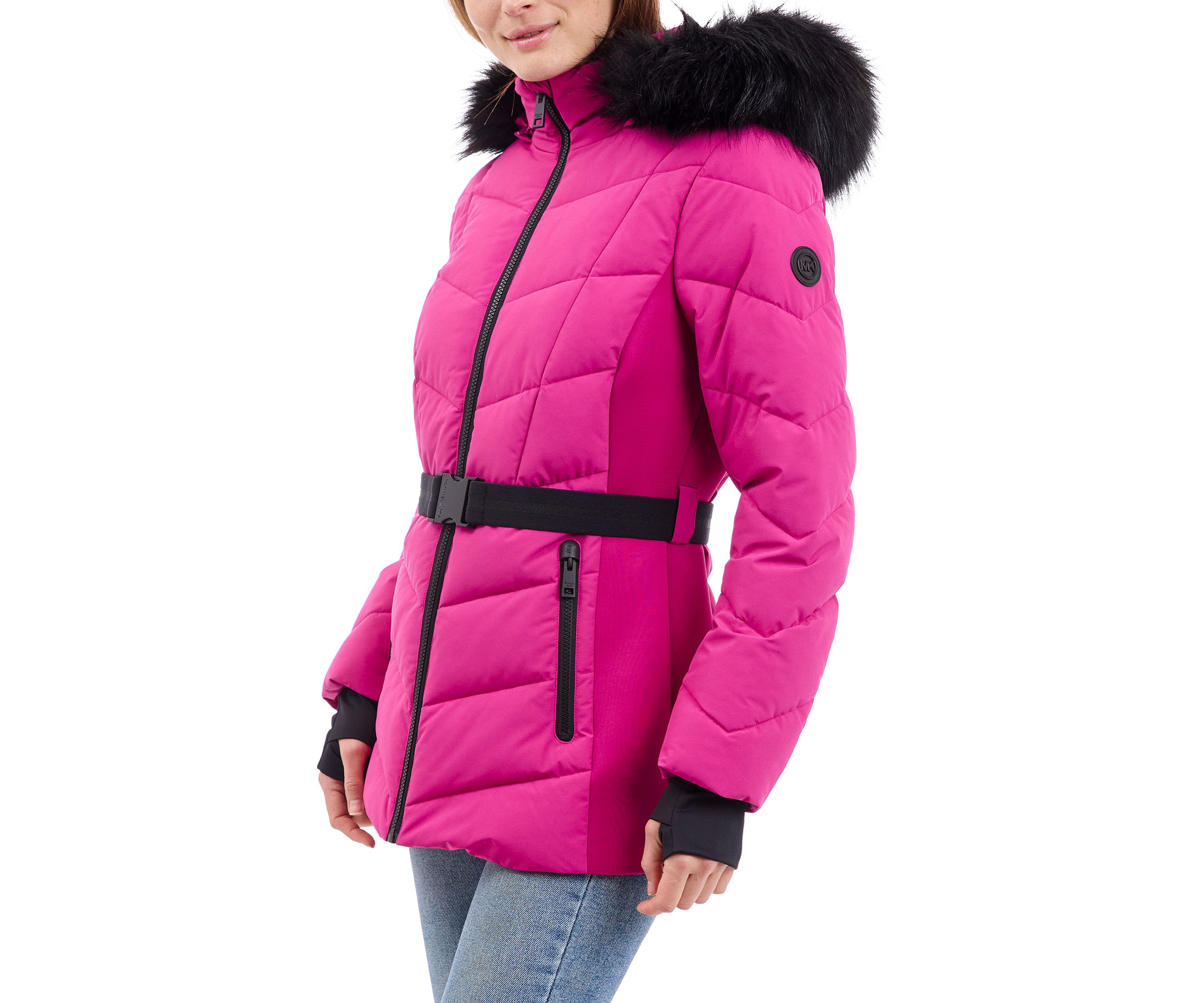Womens Belted Puffer Coat with Faux Fur Hood