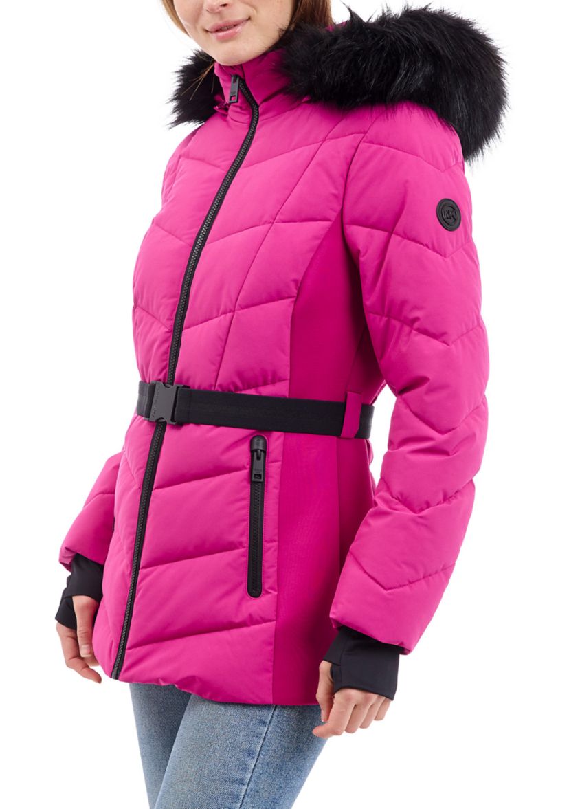 Womens Belted Puffer Coat with Faux Fur Hood