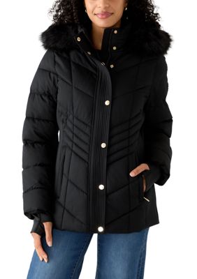MICHAEL Michael Kors Women's Puffer Jacket with Fur Trimmed Hood, Black, XL