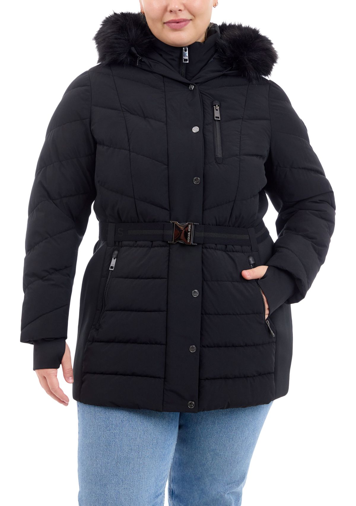 Plus Size Belted Long Puffer Coat with Hood
