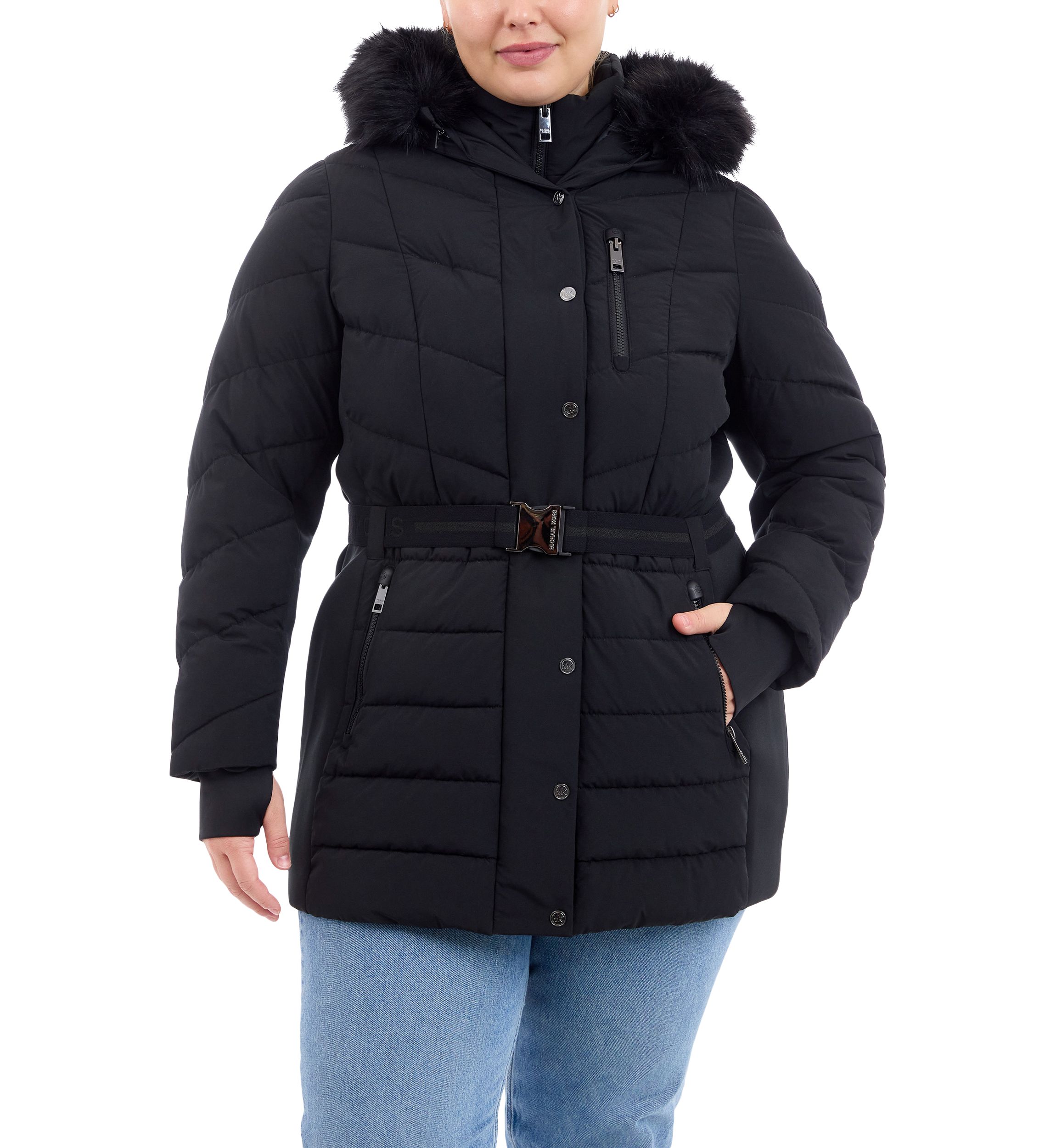 Plus Size Belted Long Puffer Coat with Hood