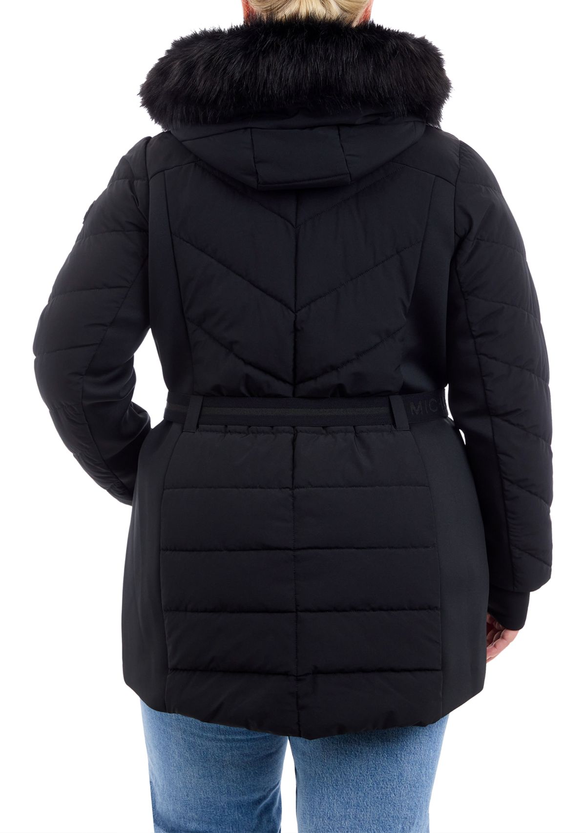 Plus Size Belted Long Puffer Coat with Hood