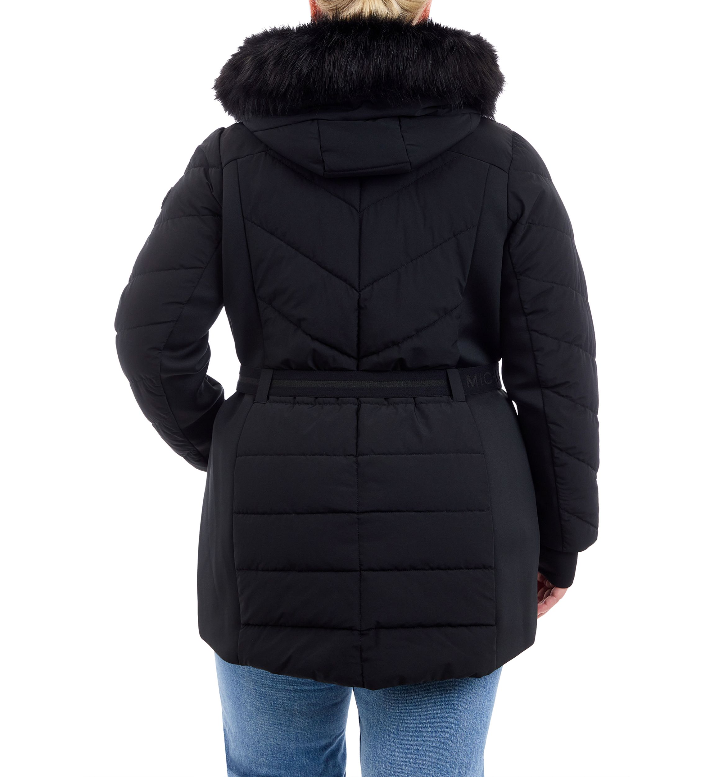 Plus Size Belted Long Puffer Coat with Hood