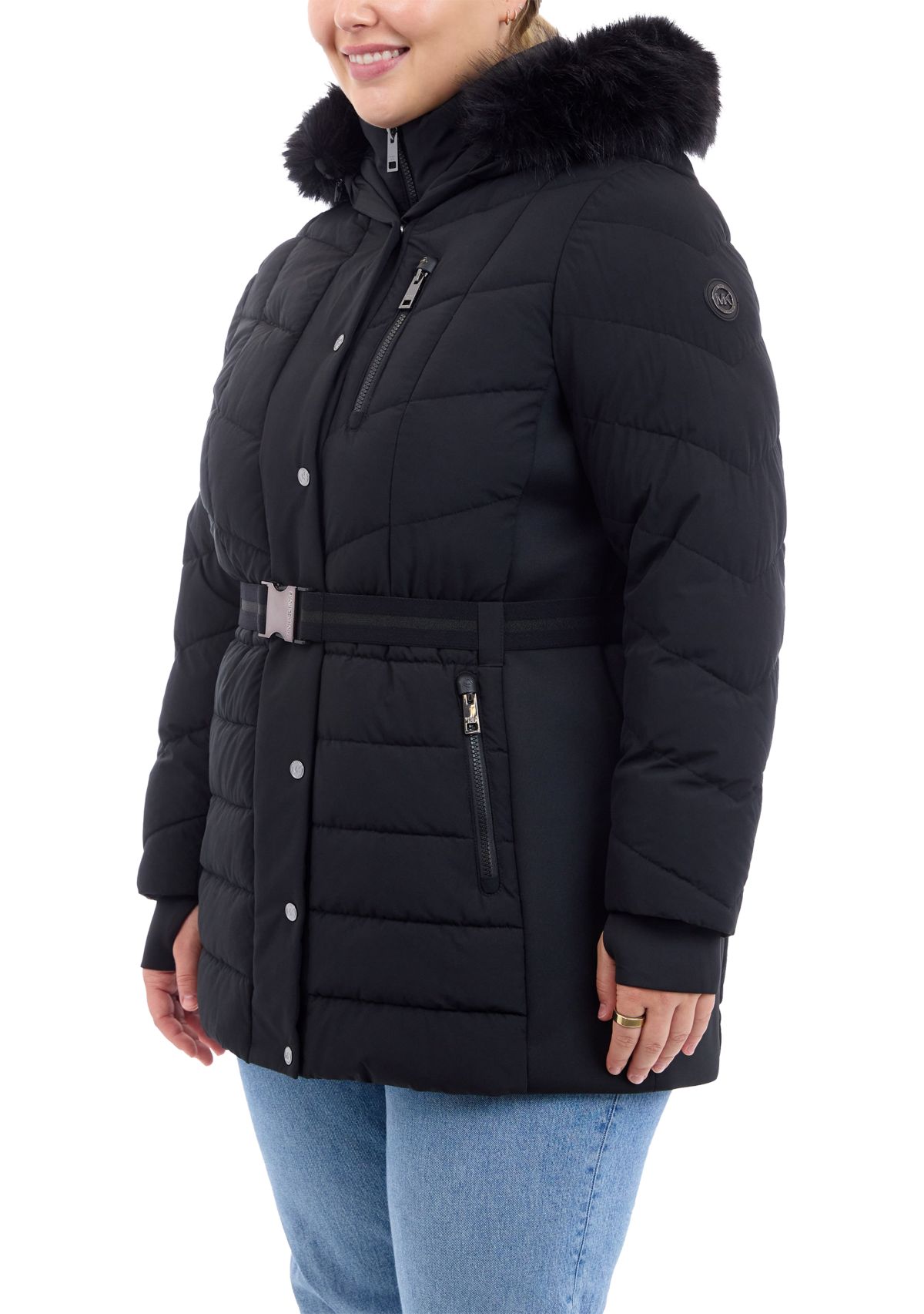 Plus Size Belted Long Puffer Coat with Hood