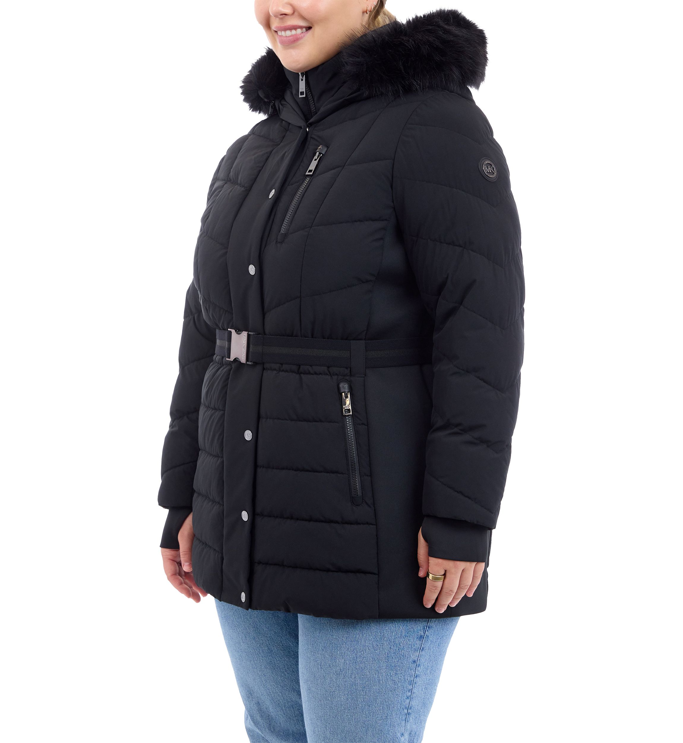 Plus Size Belted Long Puffer Coat with Hood