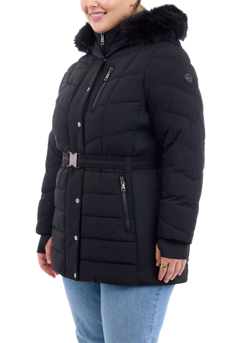 Plus Size Belted Long Puffer Coat with Hood