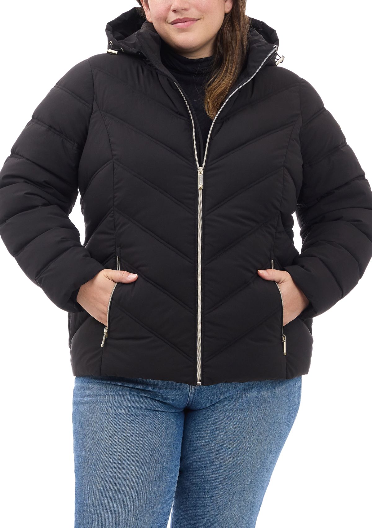 Plus Size Short Packable Zip-Up Puffer Coat