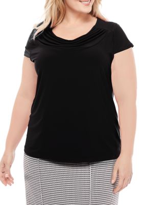 Kasper Women's Plus Size Cowl Neck Cap Sleeve Knit Top, Black, 3X