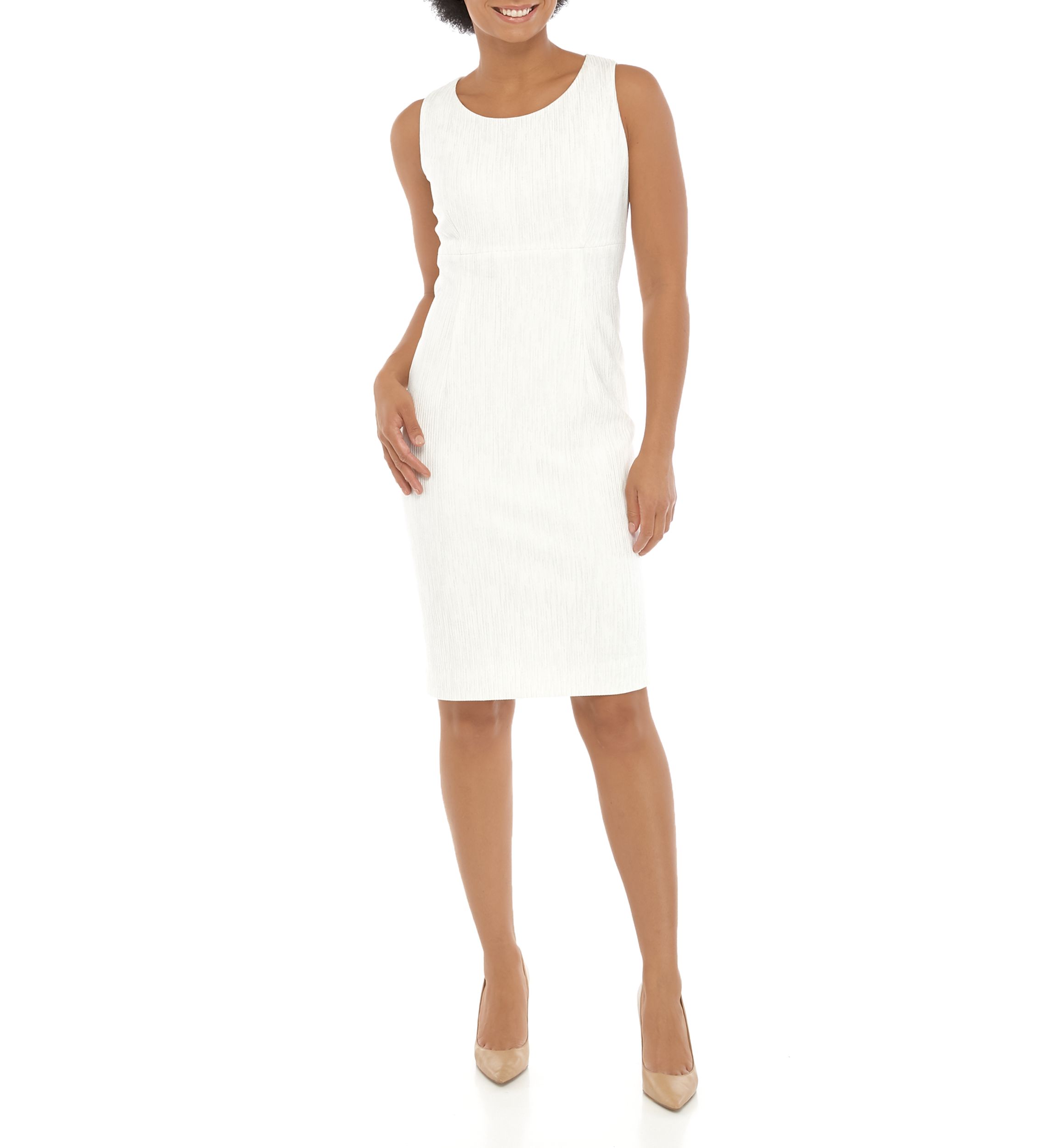 Womens Sleeveless Jewel Neck Ribbed Foil Knit Sheath Dress