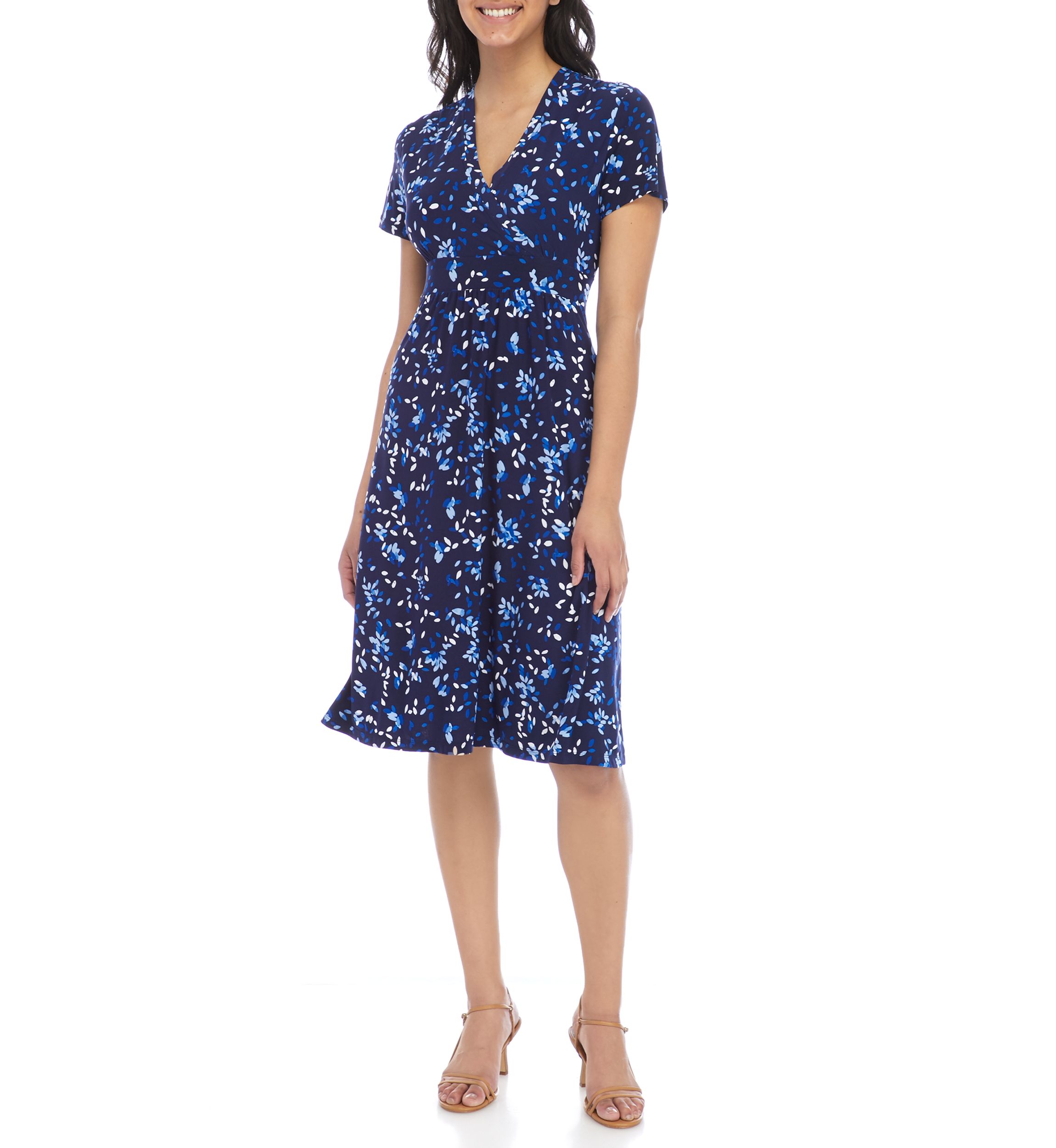  Womens Short Sleeve Crossover V-Neck Printed Knit Dress 