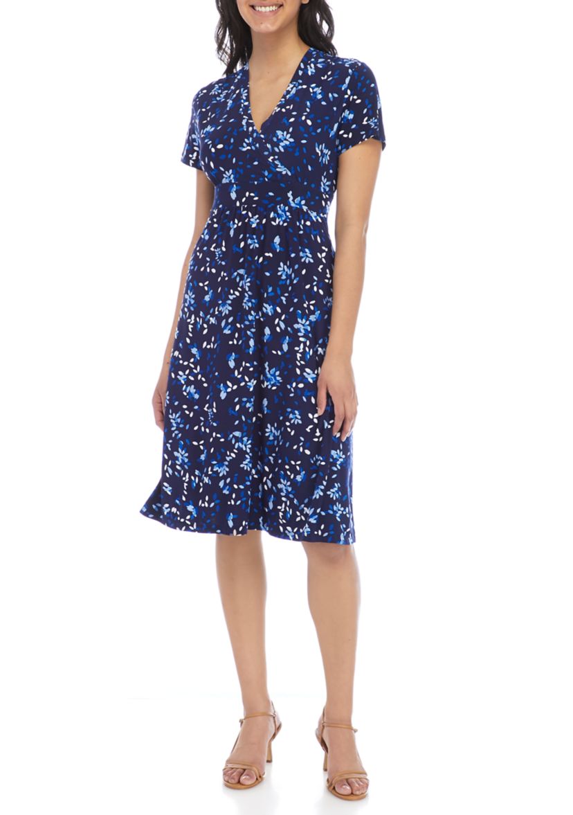  Womens Short Sleeve Crossover V-Neck Printed Knit Dress 