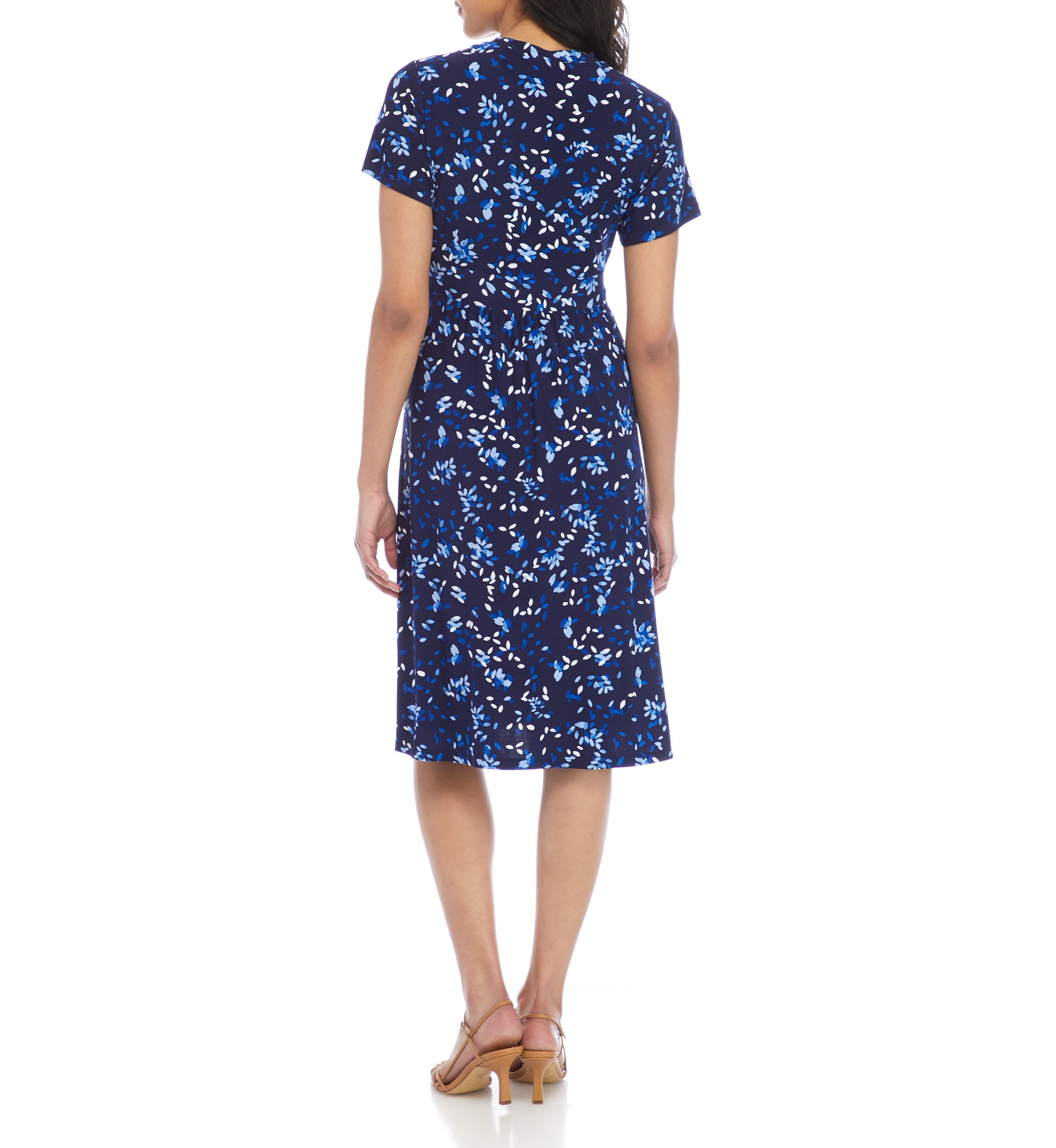  Womens Short Sleeve Crossover V-Neck Printed Knit Dress 