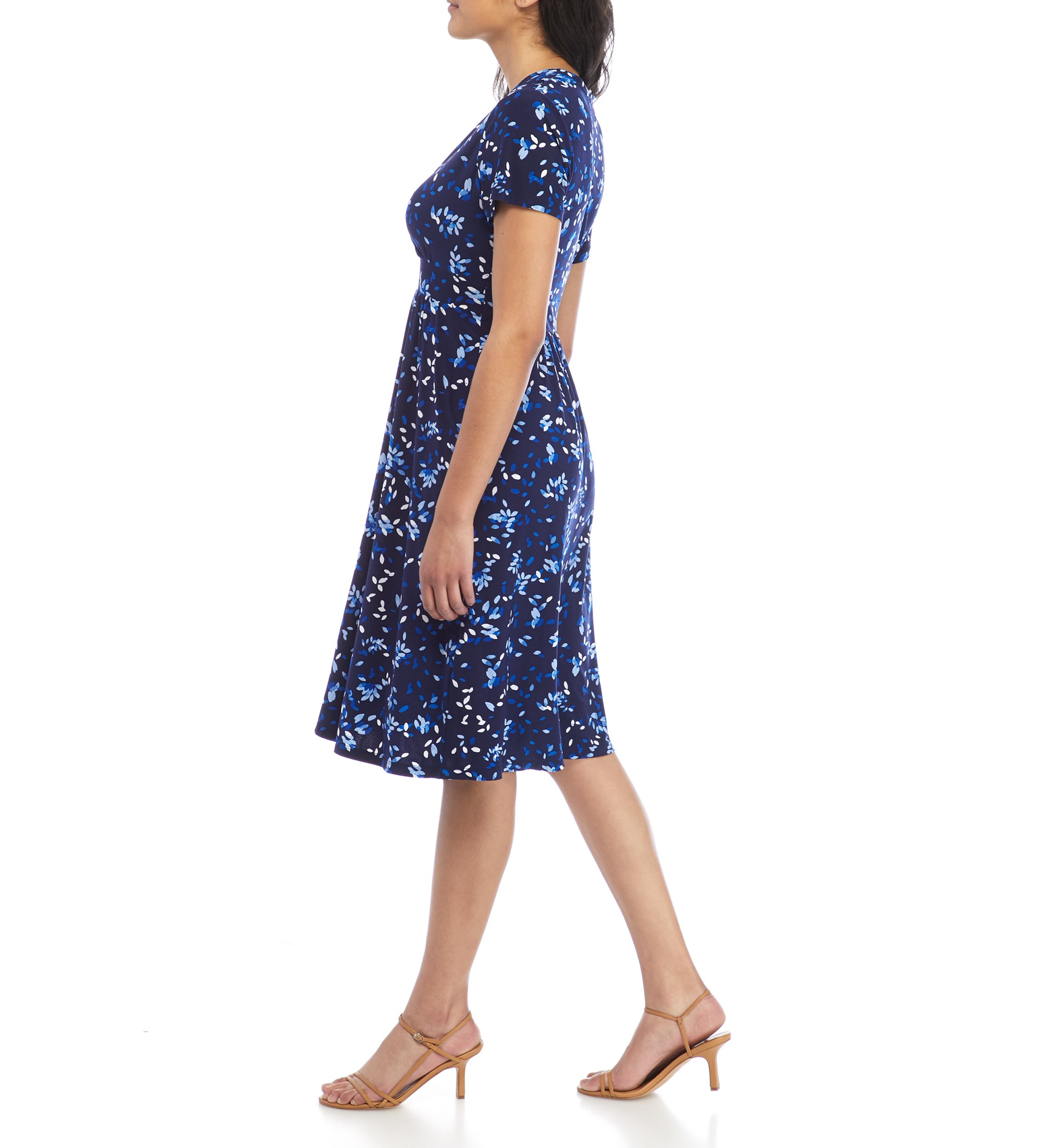  Womens Short Sleeve Crossover V-Neck Printed Knit Dress 