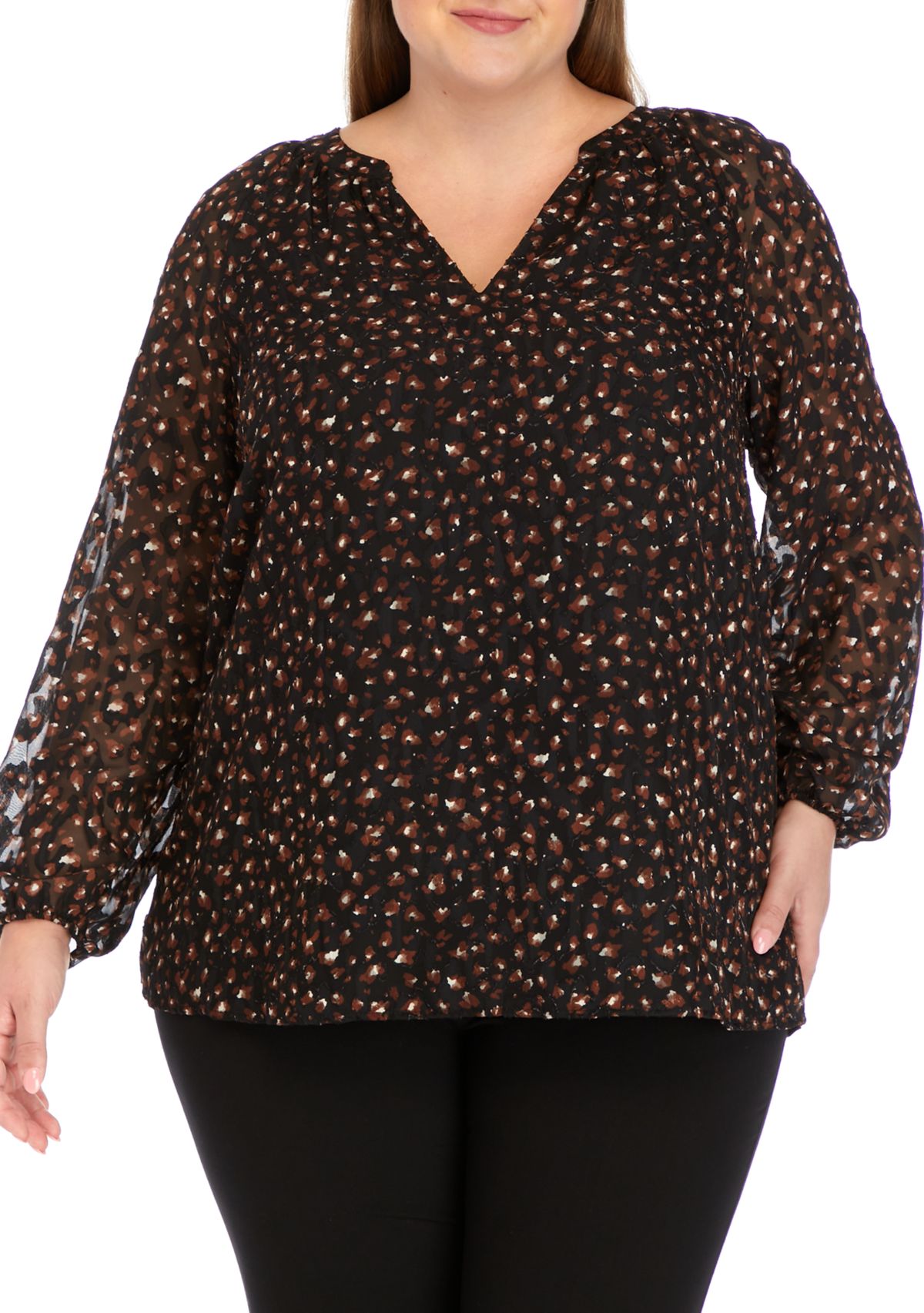 Plus Size Animal Print V-Neck Blouse with Gathered Cuffs