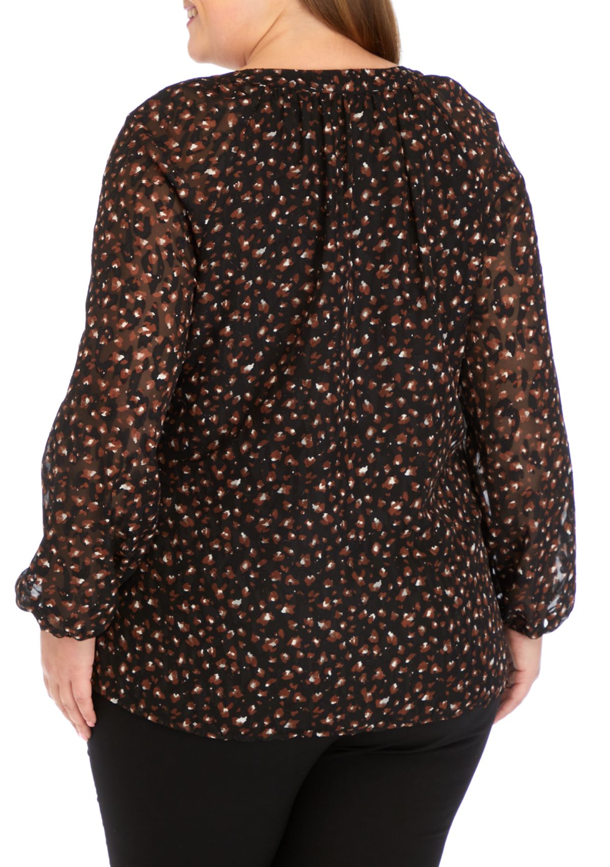 Plus Size Animal Print V-Neck Blouse with Gathered Cuffs