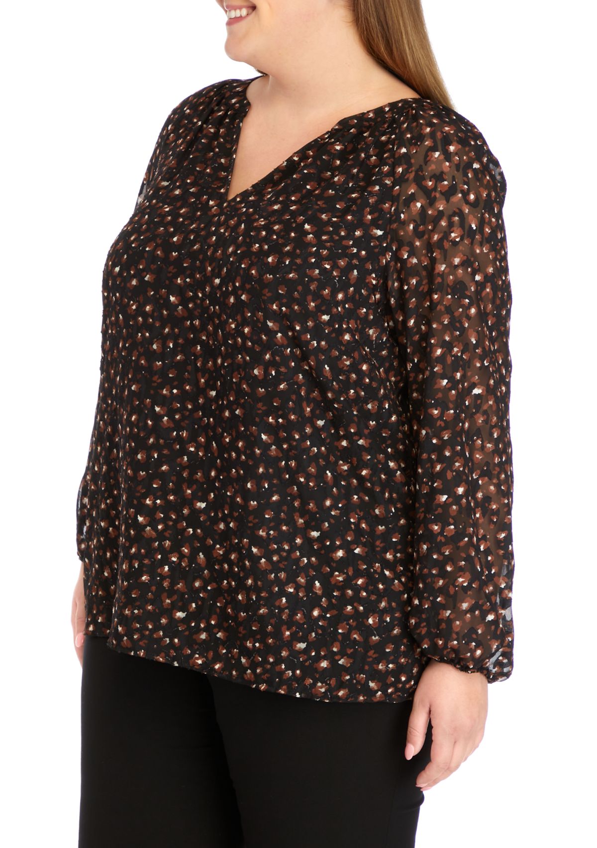 Plus Size Animal Print V-Neck Blouse with Gathered Cuffs