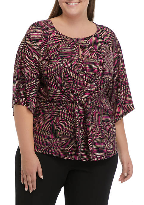 Plus Size Elbow Sleeve Knot Front Printed Knit Top 