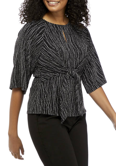 Petite Elbow Sleeve Knot Front Top with Metallic Detail