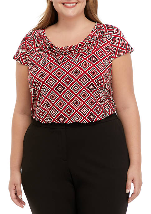 Plus Size Printed Short Cap Sleeve Top with Cowl Neck